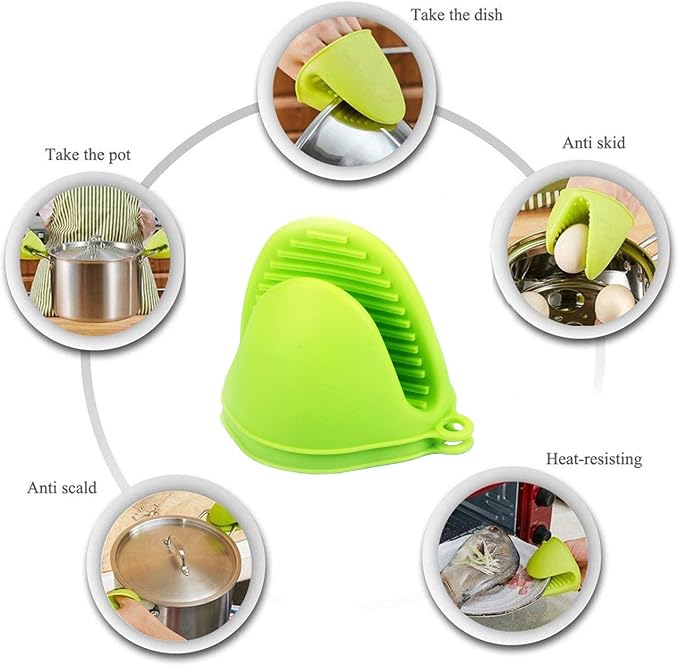 2 Pairs Mini Oven Gloves Silicone Oven Mitts Green and Rose Red | Silicone Heat Resistant Cooking Pinch Mitts Potholder for Kitchen Cooking & Baking