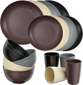 Quatish 16 Piece Plates and Bowls Sets for 4, Unbreakable Dinnerware Sets, Plastic Dish Set for Camping, Dishwasher Microwave Safe, Outdoor Kitchen and Apartment Dorm Dinning RV Essentials, Brown