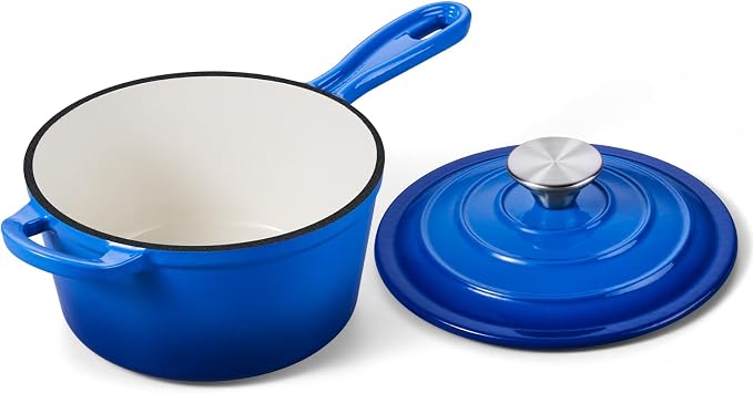 Onader 1 Quart Saucepan, Enameled Cast Iron Sauce Pan Pot, Small Kitchen Pot for Cooking with Lid, Enamel Dutch Oven Nonstick – Deep Blue
