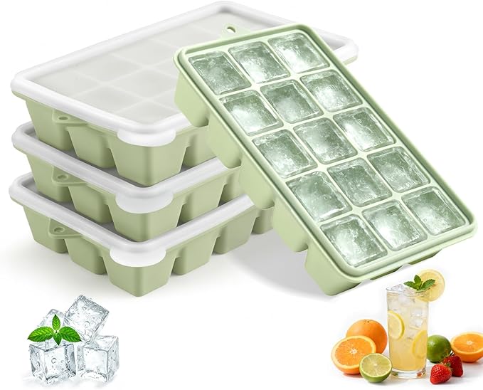 4 Pack Silicone Ice Cube Trays, Easy Release Ice Trays for Freezer with Lid | Reusable and Stackable Ice Trays for Freezer for Cocktail, Whiskey, Baby Food, BPA Free (green)