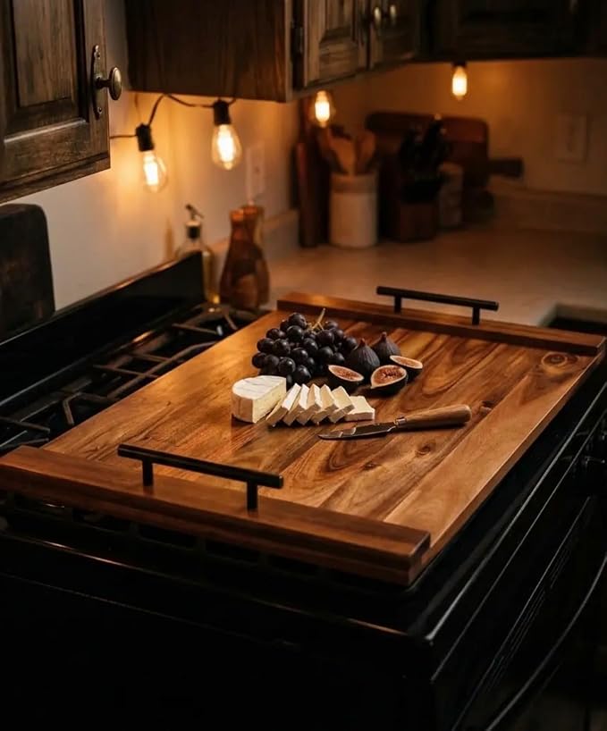Noodle Board Stove Cover - Acacia Wood Stove Top Cover – Large Wood Cutting Board - Stove Top Covers for Electric Stove - Countertop Saver - Charcuterie Tray - Serving Board - Rustic Kitchen Decor