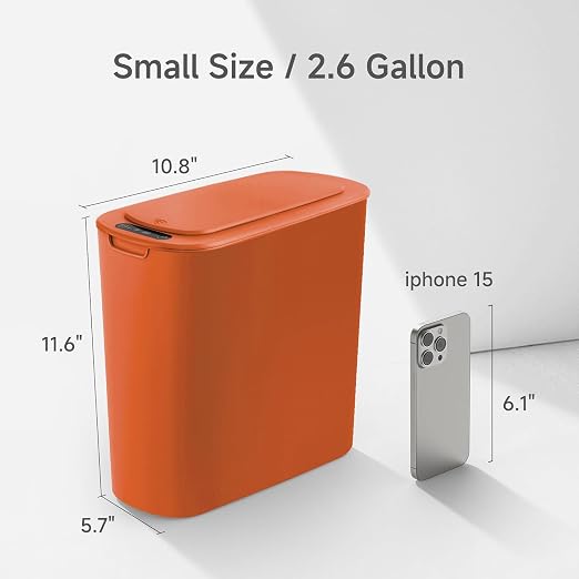 TIPGO Automatic Motion Sensor Bathroom Trash Can with Lid, 2.6 Gallon Touchless Trash Bin, Smart Garbage Can Plastic Slim Wastebasket for Bedroom, Office, Dorm (Orange)