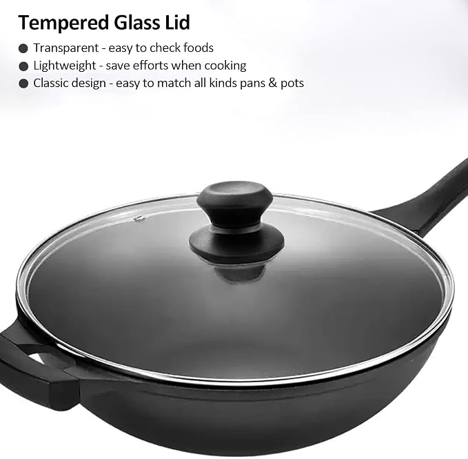 Glass Lid for Frying Pan, Tempered Replacement Cover Compatible with All 12 inches Cookware for Skillets, Round Cast Iron, Cast Aluminium, Stainless Steel Pans &Pots (12, Black)