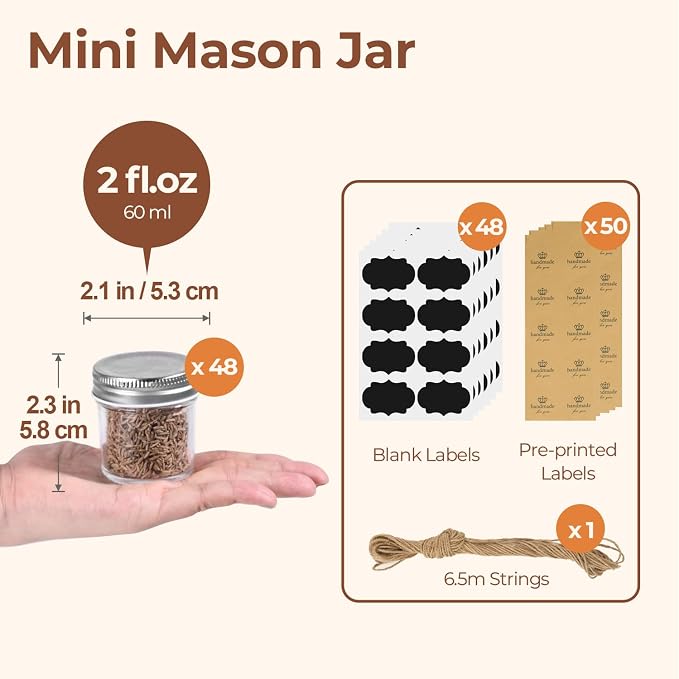 ComSaf 2 oz Mini Mason Jars Bulk Set, 48 Pack Glass Jars with Lids | BPA-Free Materials, Ginger Shots, Honey Samples, Dressing Containers, Sauces, Spices, Wedding Favors, For Canning Project