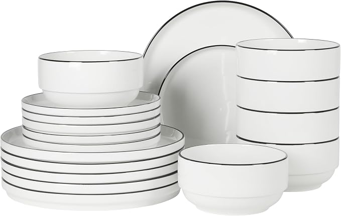 Gibson Home Rothernberg Plates and Bowls 18 Piece Porcelain White Dinnerware Set W/Black Rim | Stackable Dishes | Microwave & Dishwasher Safe