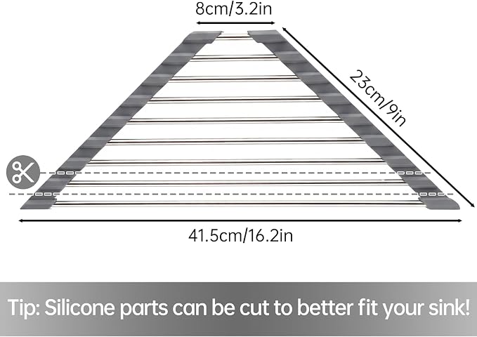Tomorotec Triangle Roll Up Dish Drying Rack 304 Stainless Steel Dark Gray | BPA-Free Food-Grade Silicone Edges Foldable Waterproof Rustproof Heavy-Duty Space Saver Heat Resistant to 550°F