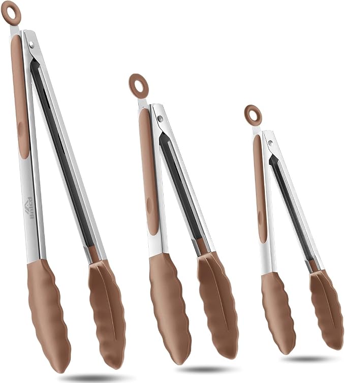 Good Grip Cooking Tongs with Silicone Tips, Set of 3-7" 9" and 12" | 600ºF Heat Resistant, 5-Layer Heavy Duty Stainless Steel, Pull Lock, Non Stick - Kitchen Tongs for Salad, Cooking and Frying