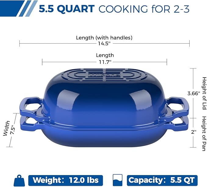 Wildone Enameled Cast Iron Dutch Oven Pot with Lid, Oval Bread Oven | Loaf Cast Iron Bread Pan for Homemade Bread Baking, Meatloaf Pan with Lid, 5.5QT, Blue