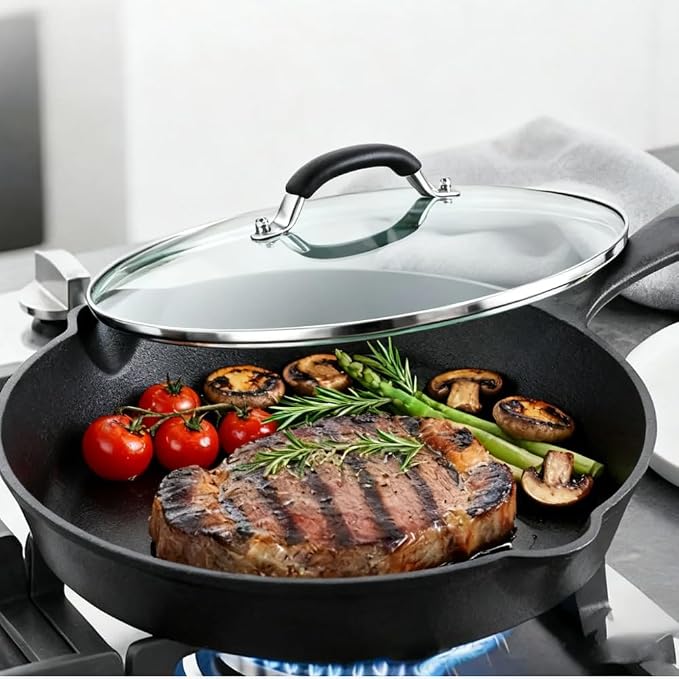 10.25 Inch Tempered Glass Lid for Lodge 10.25" Cast Iron Skillets & 5QT Dutch Ovens -Stainless Steel Handle and Rim (10.25 INCH LID)