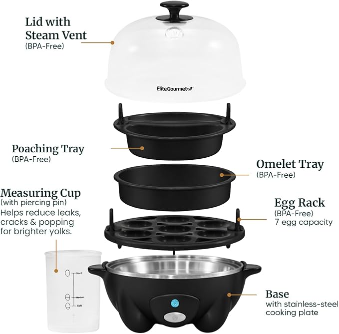 Elite Gourmet EGC-007B Rapid Egg Cooker, 7-Egg Poacher/Omelet Maker, Black | Easy-to-peel hard, medium, or soft-boiled eggs - auto shut-off, alarm, 16-recipe booklet included