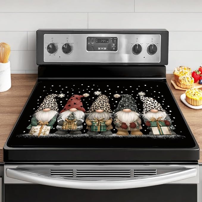 Cute Gnomes Electric Stove Top Cover, Black Heat Resistant Glass Stove Top Cover for Electric Stove – Retro Glass Cooktop Protector Expands Usable Space