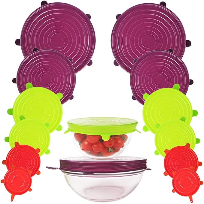 Webake Silicone Stretch Lids 12 Pack Reusable Expandable Lids (2.6" to 8.3") Fit Various Sizes of Container Tops, Bowls, Cups, Cans (Durable, Flexible)