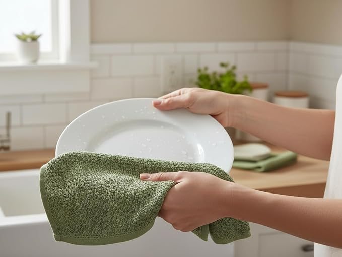 Dark Sage Green Kitchen Hand Dish Towels, Set of 3, 100% Cotton, 18" x 28" | Terry Loop Textured, Soft & Absorbent Cleaning Cloth, Quick Dry, Multipurpose for Everyday Use
