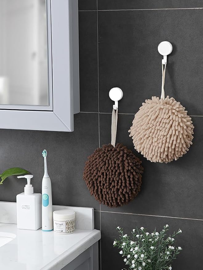 Sophie & Panda Fuzzy Ball Towel (Set of 2) Creamy and Brown - Dry Your Hand conveniently with This Creative Bath Towel Set Decorative Towels for Bathroom (Pack of 2)