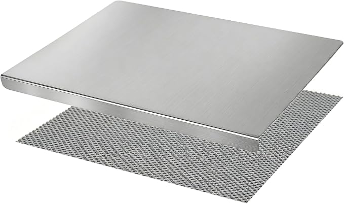 L-Shaped 304 Stainless Steel Cutting Board with Lip for Kitchen 15.7×11.8×0.06" Metal Chopping Board Double-Sided Use for Suitable for Meat Fruits Vegetables Bread (1Pack)