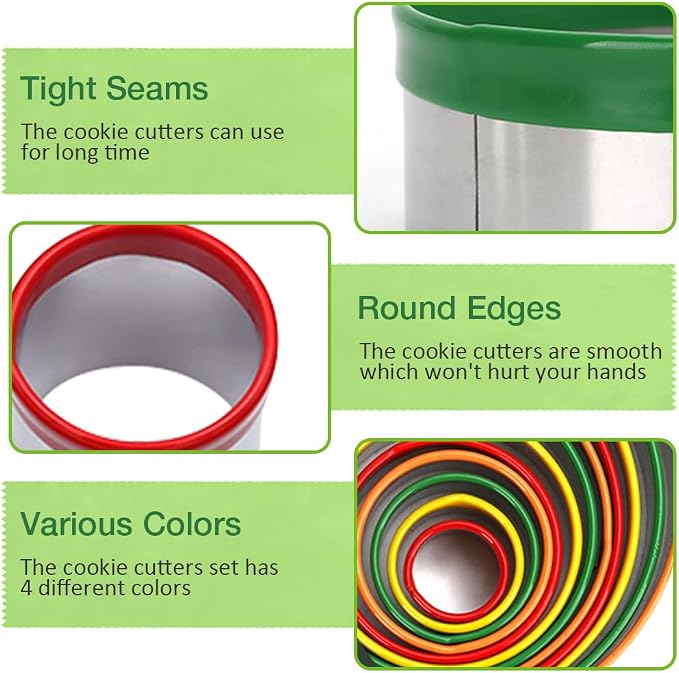 Alimat PluS Round Biscuit Cutter Set, 12 Pack Circle Cookie Cutters | Stainless Steel Donut Cutter with Colorful Rubber Coating, Different Sizes for Dough, Fondant, Clay