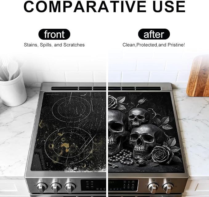 Gothic Skull Stove Top Cover for Electric Stove, 28x20 In Mat | Heat-resistant non-slip mat holds hot cookware; glass cooktop protector, dish drying; black rose halloween kitchen decor