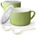 Soup Bowls with Handles & Spoons, 30oz Ceramic Ramen Bowl with Lid, Large Soup Mugs/Cups for Instant Noodle, Big Cereal Bowls for Oatmeal, Soup Containers with Lids, Set of 2, Grass Green