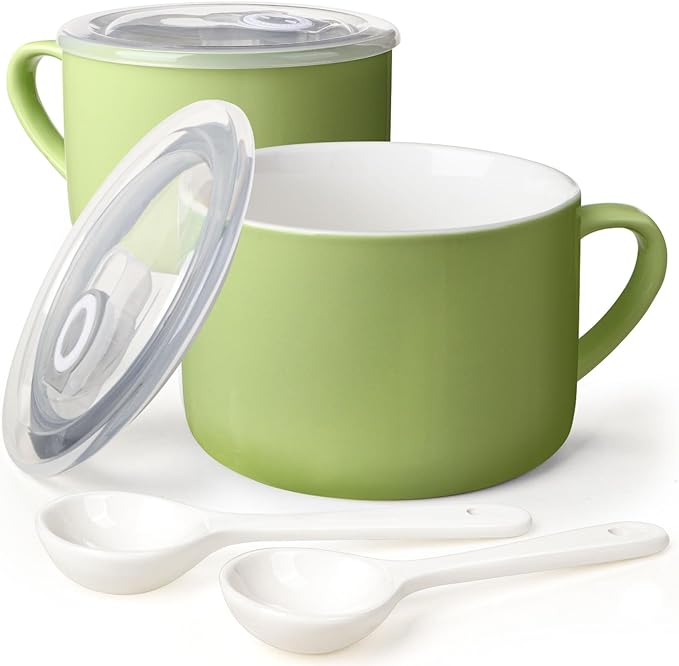 Soup Bowls with Handles & Spoons, 30oz Ceramic Ramen Bowl with Lid, Large Soup Mugs/Cups for Instant Noodle, Big Cereal Bowls for Oatmeal, Soup Containers with Lids, Set of 2, Grass Green