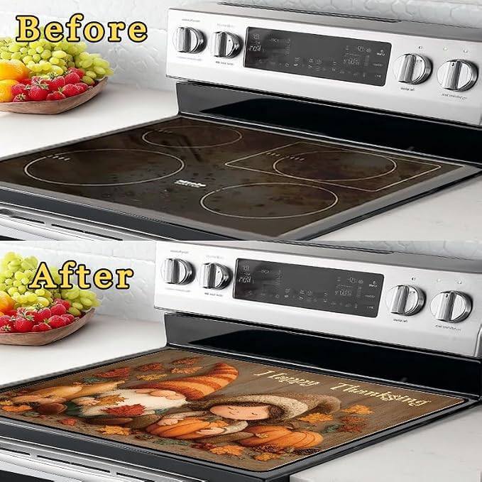 Stove Top Cover for Electric Stove - Happy Thanksgiving Day - Heat Resistant Glass Cooktop Cover,Little Girl & Gnomes Glass Cooktop Protector, Multipurpose Stove Top Protector
