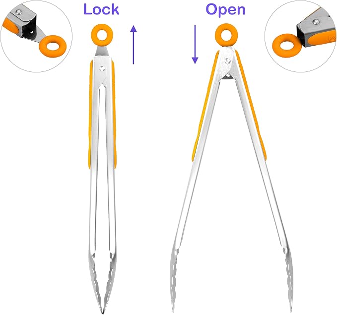 304 Stainless Steel Kitchen Cooking Tongs, 12 & 14 Inch, Set of 2, Orange | Locking Food Tongs with Non-slip Grips and Hanging Loops for Cooking, Grilling, BBQ and Serving, Dishwasher Safe