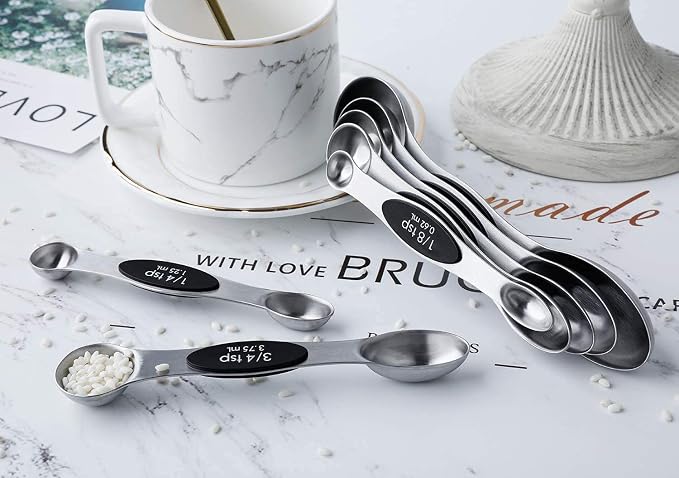 Magnetic Measuring Spoons Set of 7 Stainless Steel Dual Sided Tablespoon | Stackable Teaspoon Measure Spoon for Measuring Dry and Liquid Ingredients