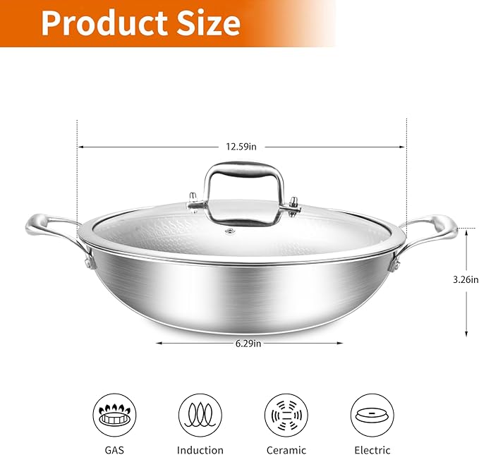 DELARLO 12 Inch Tri-Ply Stainless Steel Nonstick Wok Pan with Lid 5Qt Pot | Deep 5-quart wok heats quickly and evenly, is oven safe to 600°F, and works on induction, gas, electric and ceramic cooktops.