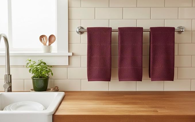 Burgundy Red Wine Kitchen Dish Towels, Set of 3, 100% Cotton, 18" x 28" | Terry Loop Textured, Soft & Absorbent Cleaning Cloth, Quick Dry, Multipurpose for Everyday Use
