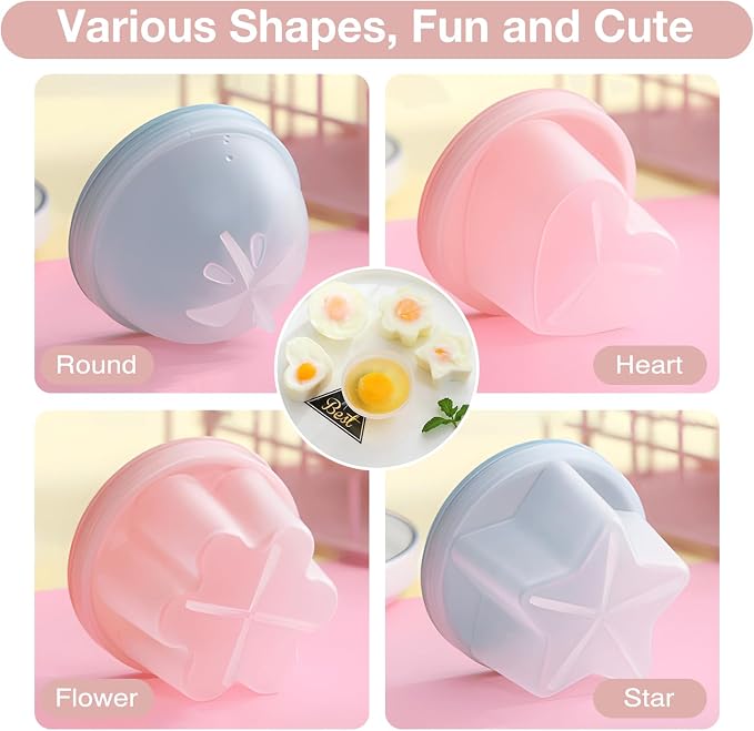 Egg Poacher Cups, 4 Pcs Poached Egg Cooker, Gray | 4 reusable egg molds with lid & brush, 4 shapes, easy release, for boiled eggs without shell