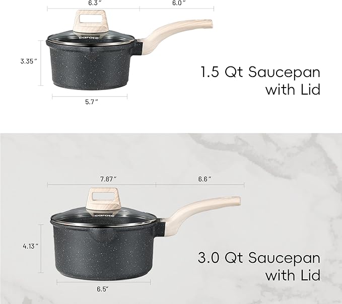CAROTE Nonstick 1.5Qt & 3.0Qt Sauce Pan Sets with Lid, Black | Kitchen Non Toxic Cookware with Stay-cool Handle, All Stovetops Compatible, Dishwasher Safe, PFOA Free