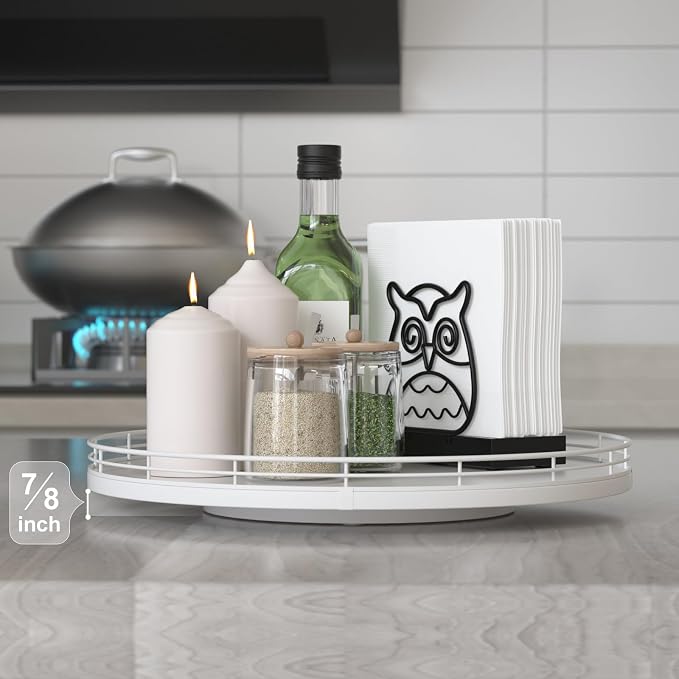 13-Inch Oak Decorative Tray for Coffee Table and Vanity, White Finish | Rotating oak tray organizes spices, toiletries and decor on kitchen counters, bathroom vanities, dining and coffee tables.