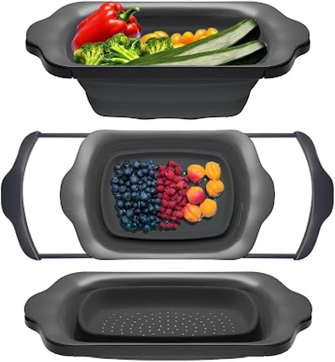 Comfify Over-the-Sink Colander with Handles – Sleek Plastic Black Kitchen Strainer for Pasta, Vegetables & Fruits – Space-Saving Design – 17.1 x 10.2 x 1.75 Inches