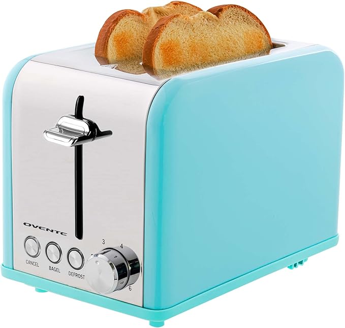 OVENTE 2-Slice Electric Toaster, 825W 6 Browning Setting, Turquoise TS2450T | Perfect for Bagel, and Defrost, with Cancel Functions, Extra-Wide Slots, Stainless Steel Retro Countertop Design
