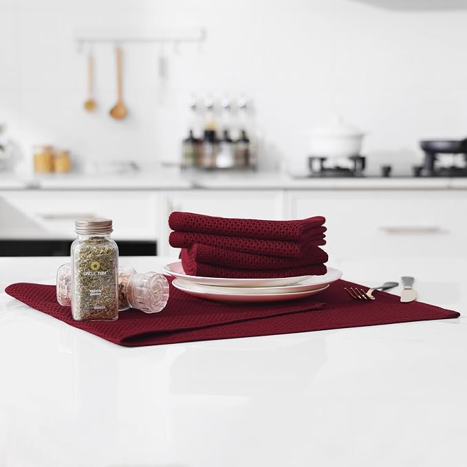 Kitinjoy 100% Cotton Waffle 4-Pack Kitchen Towels, 13" x 28", Burgundy | Super Soft, Ultra-Absorbent, Fast Drying, lightweight, Quick Drying Kitchen Hand Towels