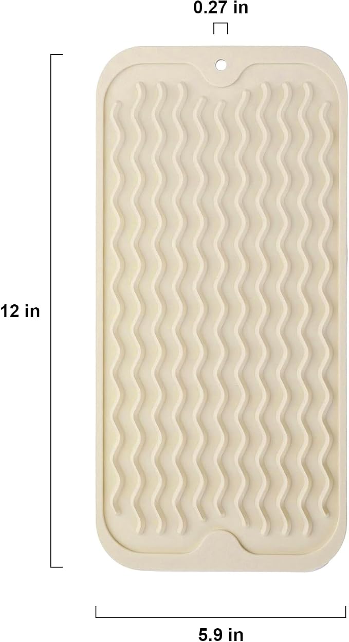 Silicone Dish Drying Mat, Non-Slip Easy Clean Sink Mat, Beige, 12" x 6" | Quick-Dry Ridges, Large Heat-resistant Dish Drainer Mat for Kitchen Counter, Hangable & Roll-Up for Storage, Dishwasher Safe