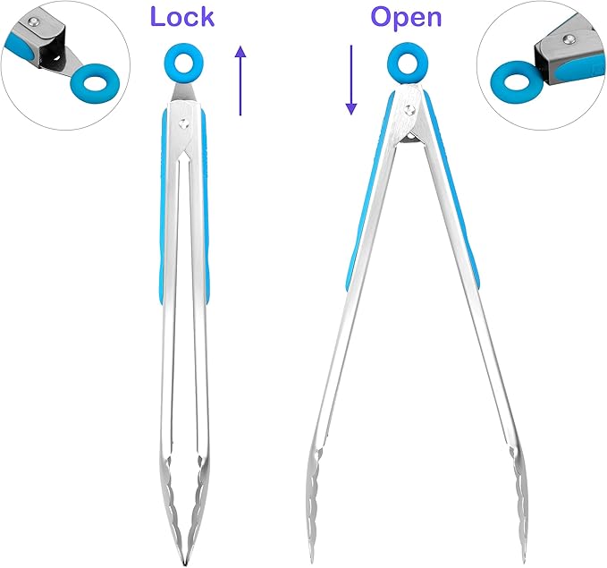 304 Stainless Steel Kitchen Cooking Tongs, 12 & 14 Inch, Set of 2, Blue | Locking Food Tongs with Non-slip Grips and Hanging Loops for Cooking, Grilling, BBQ and Serving, Dishwasher Safe