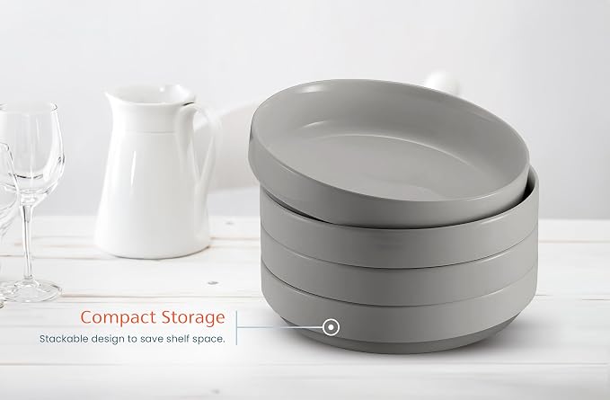 KooK Ceramic Large Pasta Bowls, Microwave and Dishwasher Safe, Great for Soups and Salads, Shallow Serving Bowls, Glossy Porcelain, 47 oz, Set of 4, Powder Grey