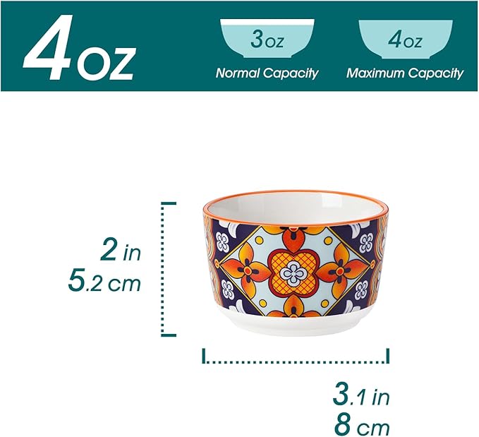 vancasso 4 Oz Ramekins Oven Safe Set of 6, Ceramic Baking Souffle Dishes | Bohemian Ramekins for Creme Brulee, Souffle, Custard, Pudding, Small Bowls for Dipping Sauce, Ice Cream