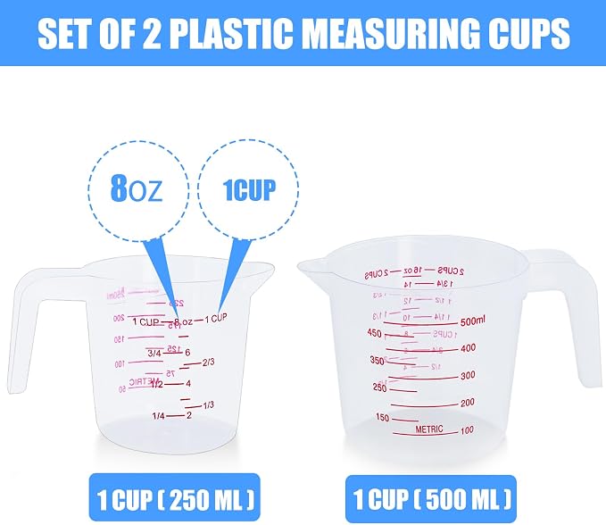 DTDNZKN 2 Pack Measuring Cup Set, 250ml (1-Cup) and 500ml (2-Cup) | Plastic Liquid Measuring Cups- Baking, Cooking, Mixing & Measuring Cups, Essential Kitchen Tools