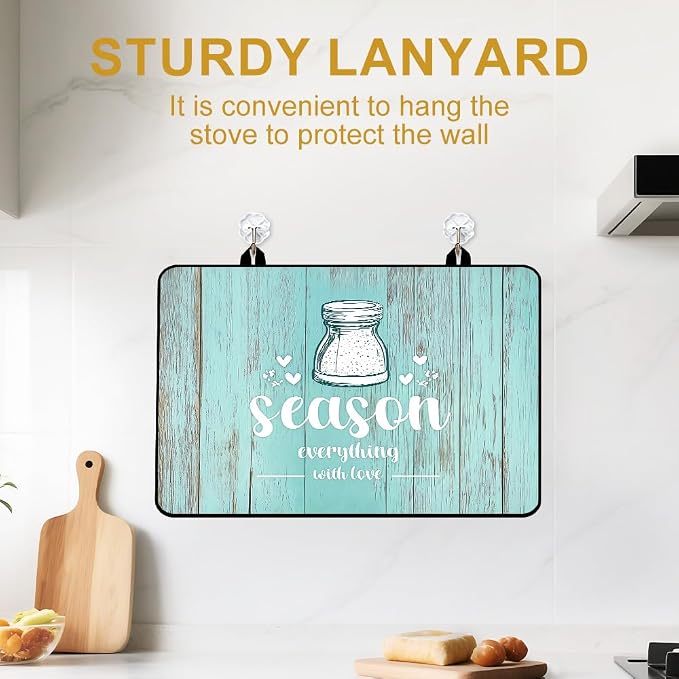 Season Everything With Love Teal Farmhouse Stove Top Cover | Teal turquoise farmhouse kitchen decor; non-slip stovetop cover for electric, gas, glass top stove, cottage counter mat
