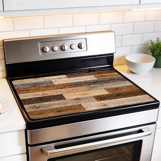 Reclaimed Wood Stove Top Cover for Electric Gas Glass Top Stove | Rustic reclaimed barn wood kitchen decor; non-slip stovetop cover, faux wood noodle board, glass cooktop mat, farmhouse