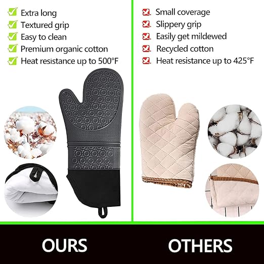 6pcs Silicone Oven Mitts and Pot Holders Sets for Kitchen, Gray | 500°F heat resistant, cotton lining, honeycomb non-slip texture, 15-inch forearm protection, baking cooking gloves