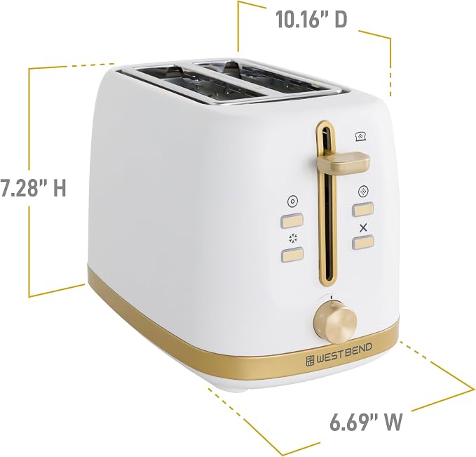 West Bend Timeless 2-Slice Toaster with 7 Browning Levels, Bagel/Waffle/Defrost Settings, High-Lift Lever, Anti-Jam, Easy-Clean Crumb Tray, 2-Slice, White/Gold