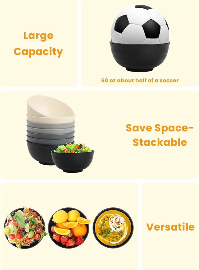 Salad Bowl Wheat Straw Bowls 60 OZ Bowls for Kitchen,Large Bowls for Camping,Travel,Party, Unbreakable Bowls Set of 8,Microwave and Dishwasher Safe Dishes for Cereal,Ramen,Soup-Grey Stone