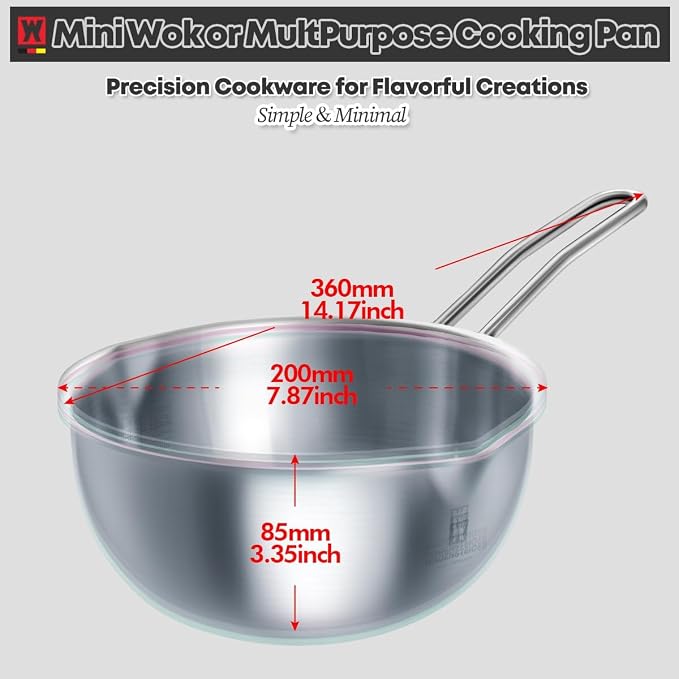 WAGENSTEIGER Mini Wok 200mm Stainless Steel, 3-Ply Aluminum Core Base, Induction Compatible Small Wok Pan, Ramen Pot for Camping & Outdoor Cooking