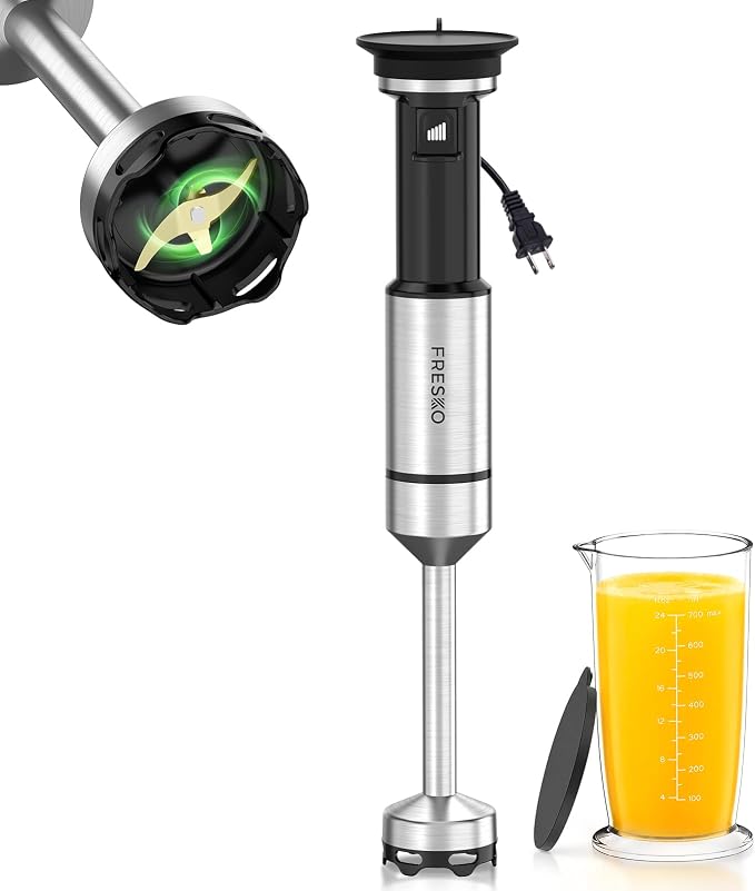 FRESKO Variable Speed Trigger Immersion Blender Handheld with 24oz Beaker | Stick Blender with Anti-Scratch Stainless Steel Shaft, Ergonomic Handle Hand Mixer for Smoothies, Soups & Sauces