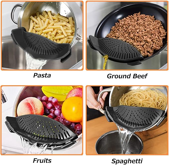 YEVIOR Clip on Strainer for Pots Pan Pasta,Silicone Food Pan Strainer | Food-grade BPA-free,Kitchen Food Strainer for Spaghetti, Pasta,Vegetable Fruits Fits All Bowls and Pots (Black)
