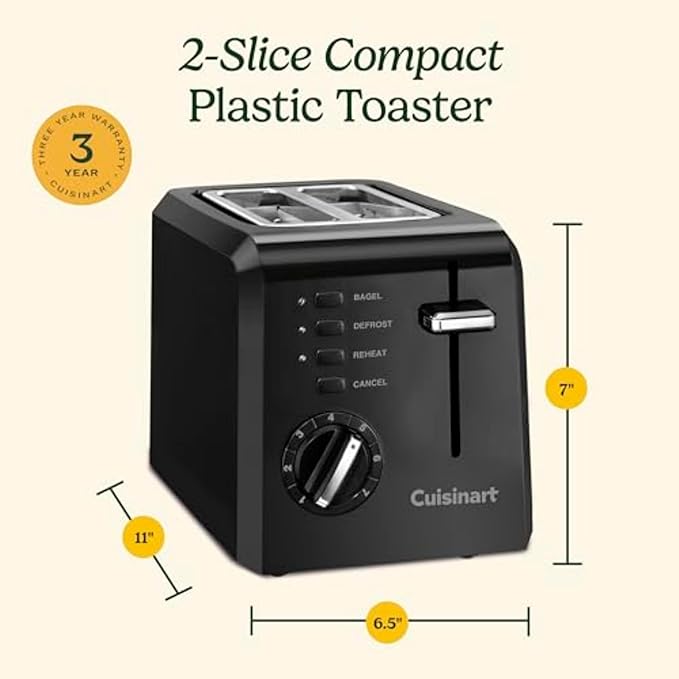 Cuisinart Compact Toaster, 7 Shade Settings, 2-Slice Capacity, Black | 2 slice toaster for bagels & bread with defrost/reheat/cancel functions, removable crumb tray & compact design, CPT-122BK