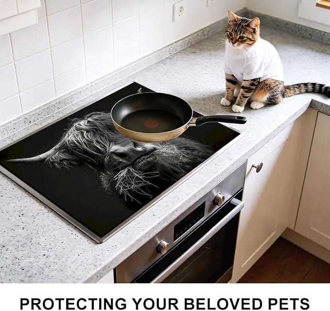 Highland Cow Stove Top Cover, Black and White Farmhouse Style, 28x20 Inch | Highland Cow Face Graphic on Black, Non-Slip Washable Cooktop Protector Mat for Glass & Electric Stoves