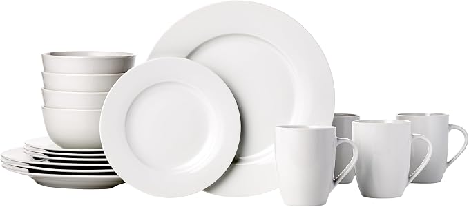Amazon Basics 16-Piece Porcelain Dinnerware Set, Microwave and Dishwasher Safe, Service for 4, Plates, Bowls and Mugs, White